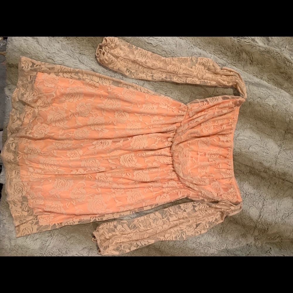 Flirty peach lace off the shoulder dress